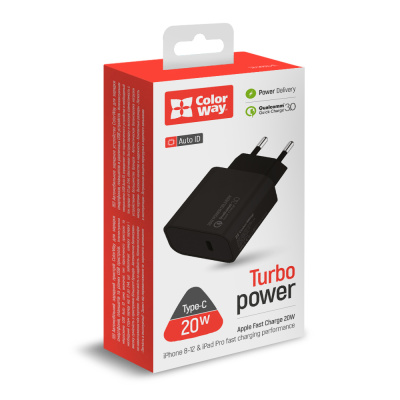 Сетевое зарядное устройство ColorWay Power Delivery Port USB Type-C 20W V2 черное (CW-CHS026PD-BK) - интернет-магазин запасных частей для телефонов и электроники MaxService